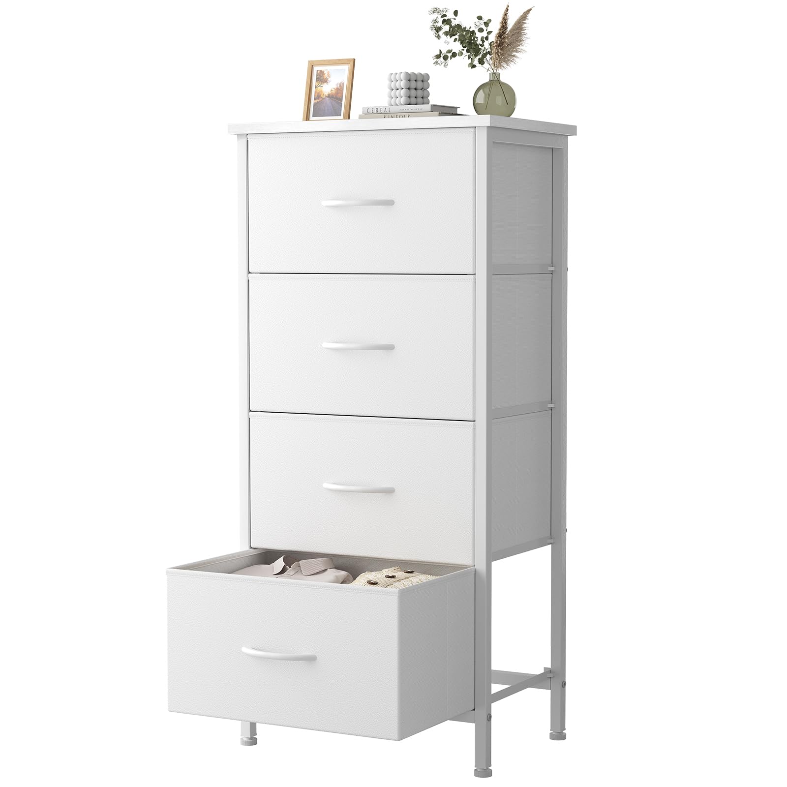 Sweetcrispy 4 Fabric Drawer Small Dresser, Bedside Nightstand with Wooden Top Sturdy Frame, Entryway Closet Bedroom Storage Cabinet Furniture for Dorm,White Image