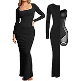 Popilush Women's Long Sleeve Maxi Dress Built-in Shapewear Bra Square Neck Fall Formal Wedding Guest Cocktail Bodycon Dresses
