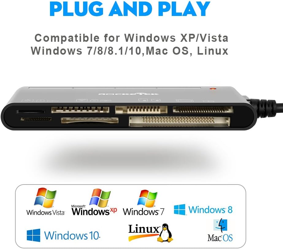 Rocketek USB 3.0 Memory Card Reader/Writer for CF Card, xD Card, SD Card, Micro SD Card, MS Card, with a 13cm USB Cable design - 5 cards read simultaneously: Computers & Accessories