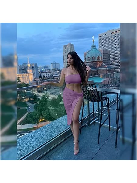 BEAGIMEG WOMEN’S SEXY ONE SHOULDER LONG BODYCON SLIT SKIRT 2 PIECES DRESS LAVENDER