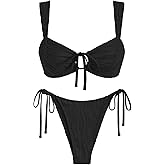 ZAFUL Women's Cinched Bikini Solid Color Wave Textured Knotted Tied Side Two Piece Swimsuit Bathing Suits