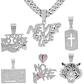 GuoShuang Silver Cuban Link Chain for Men with Pendant,miami Ice Out Diamond Cuban Link Tiger Cross Never Give UP Cridit Card VISA Necklace Hip Hop Jewelry men necklace