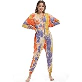 Lifeye Womens Onesie Pajamas Romper Sleepwear Set Tie Dye Long Sleeve Jumpsuit Homewear with Drop Seat Butt Flap
