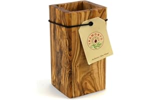 THIRTEEN CHEFS Tramanto Olive Wood Utensil Holder 6 Inch Tall Square Wooden Crock for Kitchen Tools and Cooking