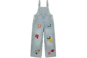 Teen Girls Denim Bib Overalls Straight Leg Stretch Embroidery Jeans Jumpsuit Kids Adjustable Strap Baggy Suspender Romper