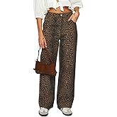 Women's Y2K Oversized Baggy Leopard Print Wide Straight Leg Jeans Stretchy High Waisted Cheetah Cargo Denim Pants