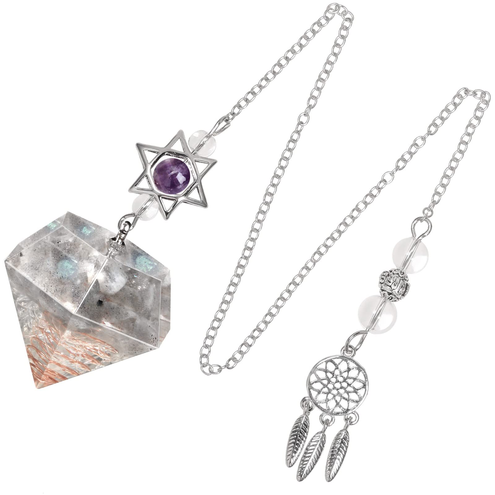 KYEYGWO Healing Crystal Point Pendulum with Dream Catcher and Star of David Necklace, Resin Pendulum Hexagon Crystal Stone Pendant, Labradorite