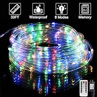 Rope Lights Outdoor Waterproof 100 LED String Lights 33 Ft - Plug in with Remote Control Dimmable 8 Modes Multicolor Indoor Outdoor for Bedroom Patio Garden Christmas Tree Pool Party, Colorful