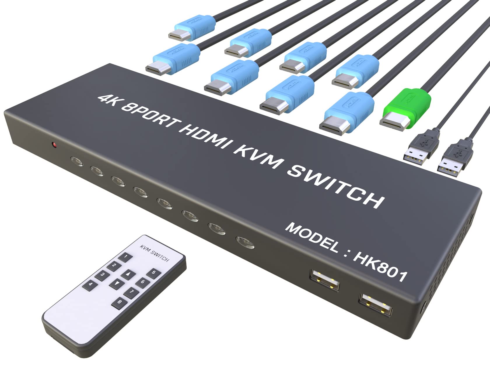 KVM Switch HDMI 8 Port - HDMI Switch with Remote- USB Switch Selector for 8 Computers Share Keyboard Mouse Printer,Flash Drive,HD Monitor, Support 4K@60Hz, 8 KVM Cables 1 Remote Included