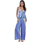 Prytgnsor Women's Pajama Sets Lace Patchwork Spaghetti Strap Ruffled Cami Tops with Loose Pants Set Satin Silk Pj Set
