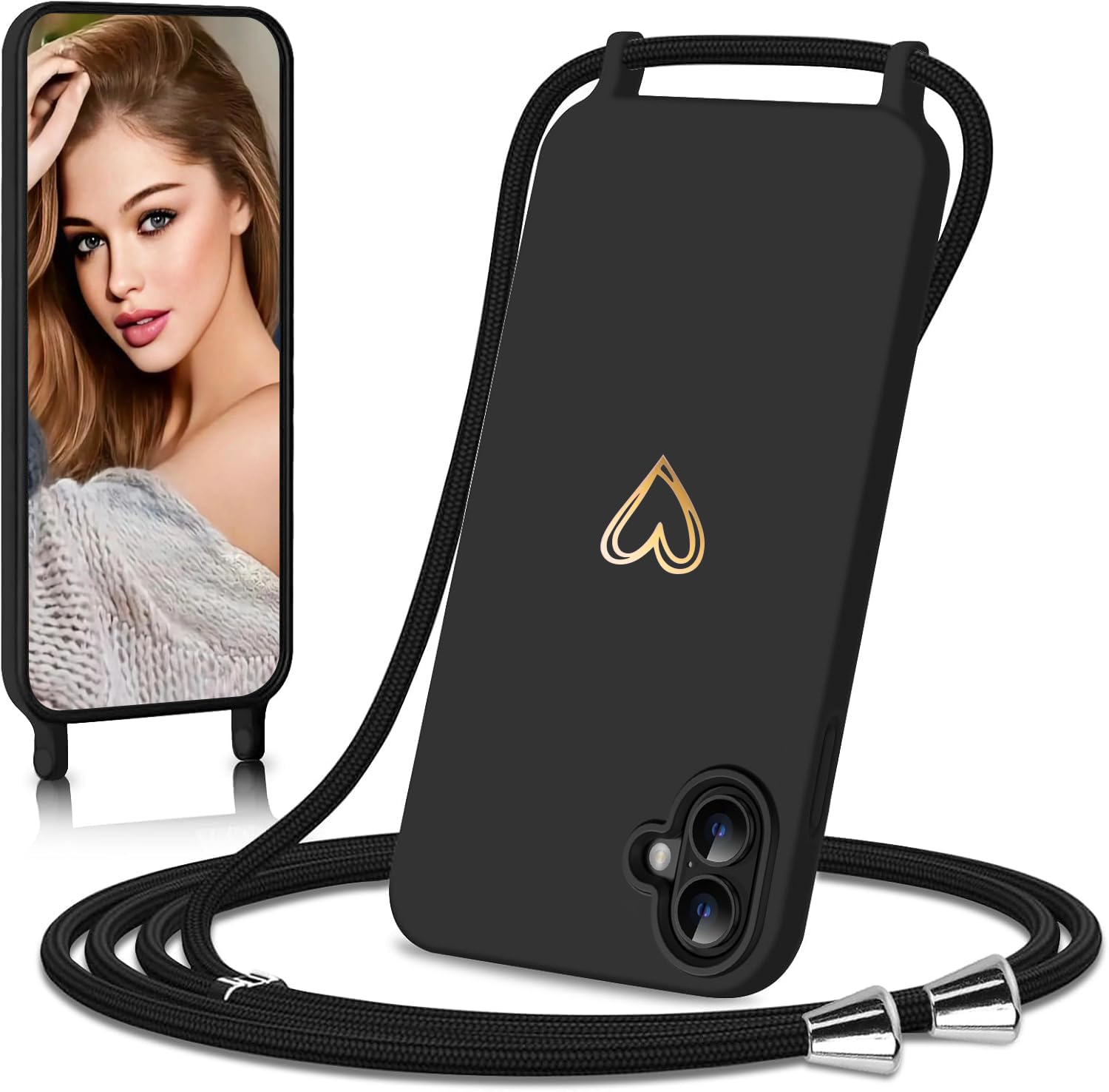 Eherui Mobile Phone Chain for iPhone 16 Plus, Case with Strap, Gold Heart Design, Thin Shockproof Protective Case with Removable Cord for Hanging, Liquid Silicone Case, Mobile Phone Case for iPhone 16