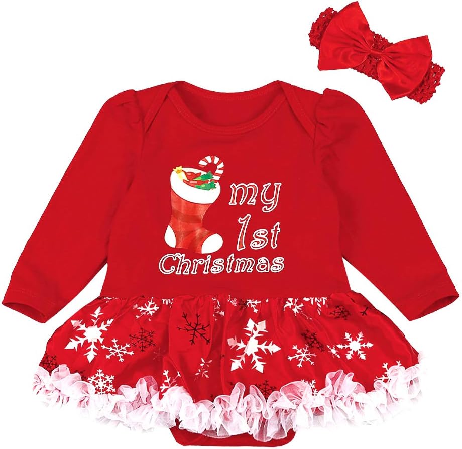 My First Christmas Newborn Baby Girl Christmas Outfit Long Sleeve Tutu Dress with Headband Costume Outfits Set