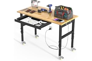 DUSACOM 48" Adjustable Height Heavy Duty Workbench for Garage,Rubber Wood Top Working Table, 2000 LBS Load Capacity with Power Outlets&Drawer. (48" W x 24" D with Drawer)