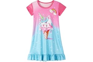 HenzWorld Girls Nightgown Short Sleeve Sleepwear Nightshirt Cute Printed Pajamas Toddler Kids Night Dress Nightie 3-10 Years