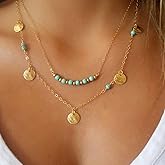 Zeshimb Layered Turquoise Pendant Necklace Gold Sequin Chain Necklace Blue Beads Choker Necklace Turquoise Disc Necklace Chain Jewelry for Women