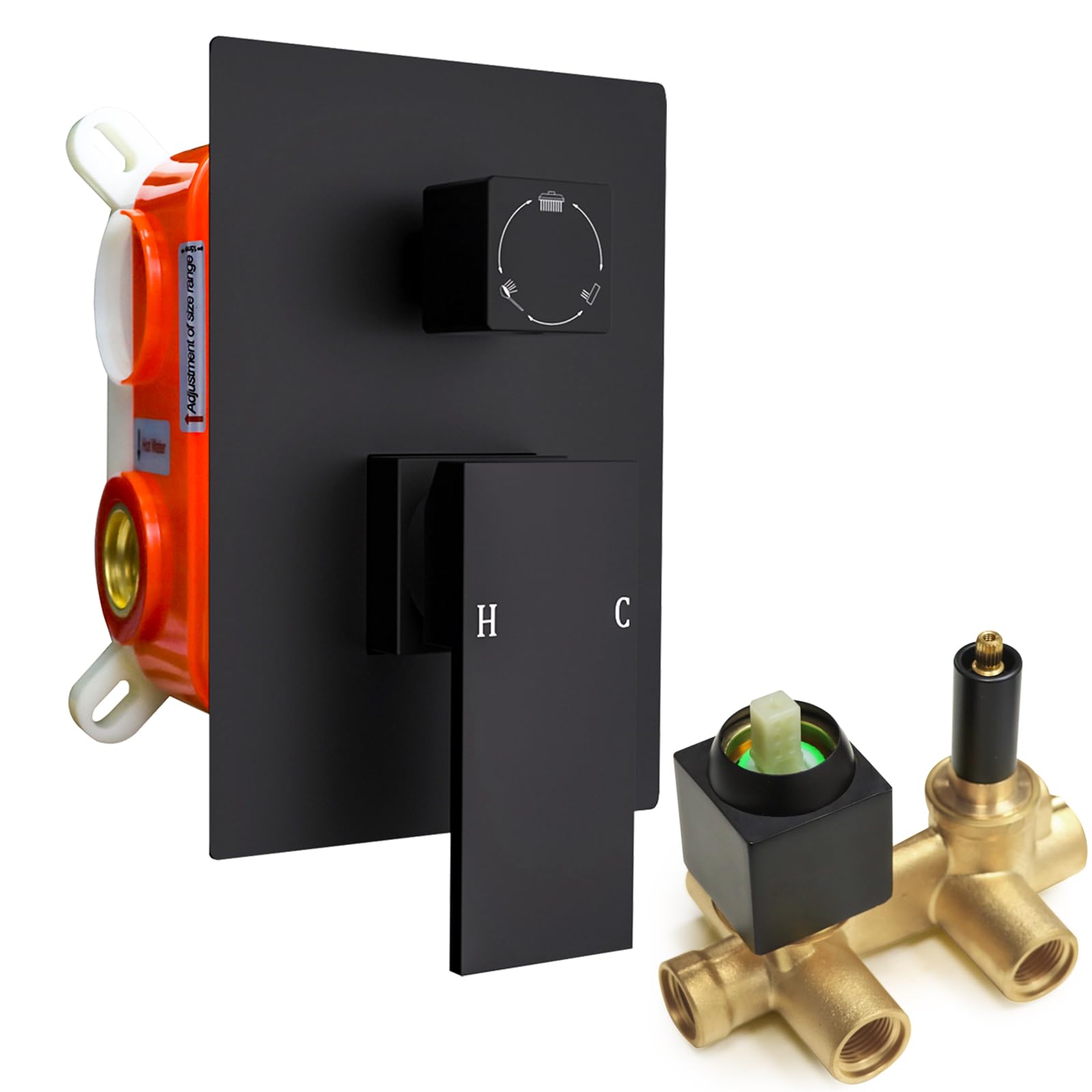 3 Way Shower Mixer Valve, Square Dual Function Shower Diverter Mixer Valve, Wall Mount Shower Faucet Rough-in Valve Bathroom Trim Kit Matte Black - GETSHOWERSET