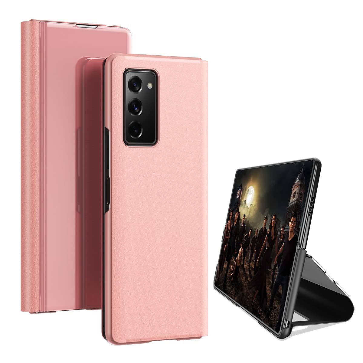 COQUE Case for Samsung Galaxy Z Fold2 5G,[Makeup Mirror Flip Cover][Video Stand] Ultra Slim Clear Standing Case Mirror Plating Holder for Samsung Galaxy Z Fold 2 5G-Rose Gold
