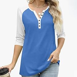 3/4 Length Sleeve Womens Tops Cotton Dressy V Neck