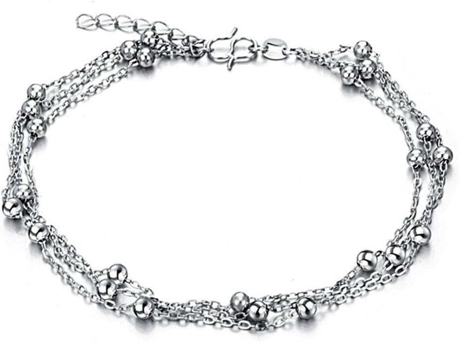Mmiiss Multi Layer Chain Anklets with Small Beads 925 Sterling Silver Fashion Anklets for Woman