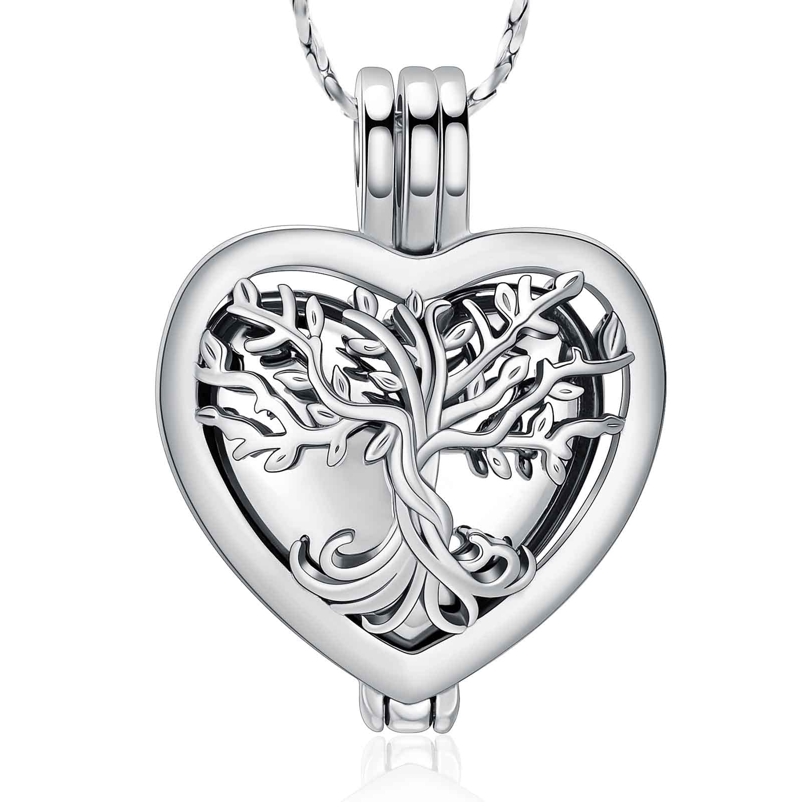 Tree of Life Urn Necklaces for Ashes Heart Shape Cremation Jewelry Memorial Keepsake Jewelry Gifts for Women Men Memorial Lockets Ashes Holder for Pet (Silver)