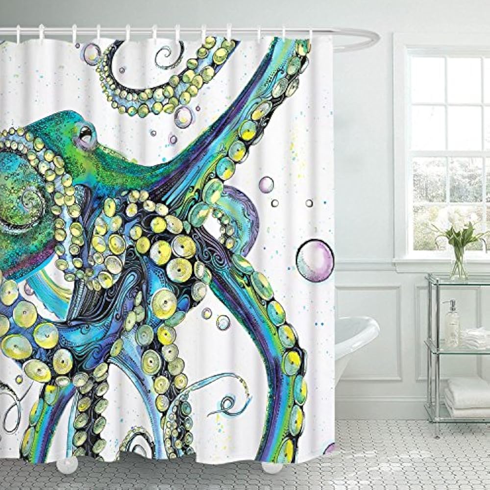 Octopus-Shower-Curtain-With-12-Hooks-Sea-Creature-Bathroom-...