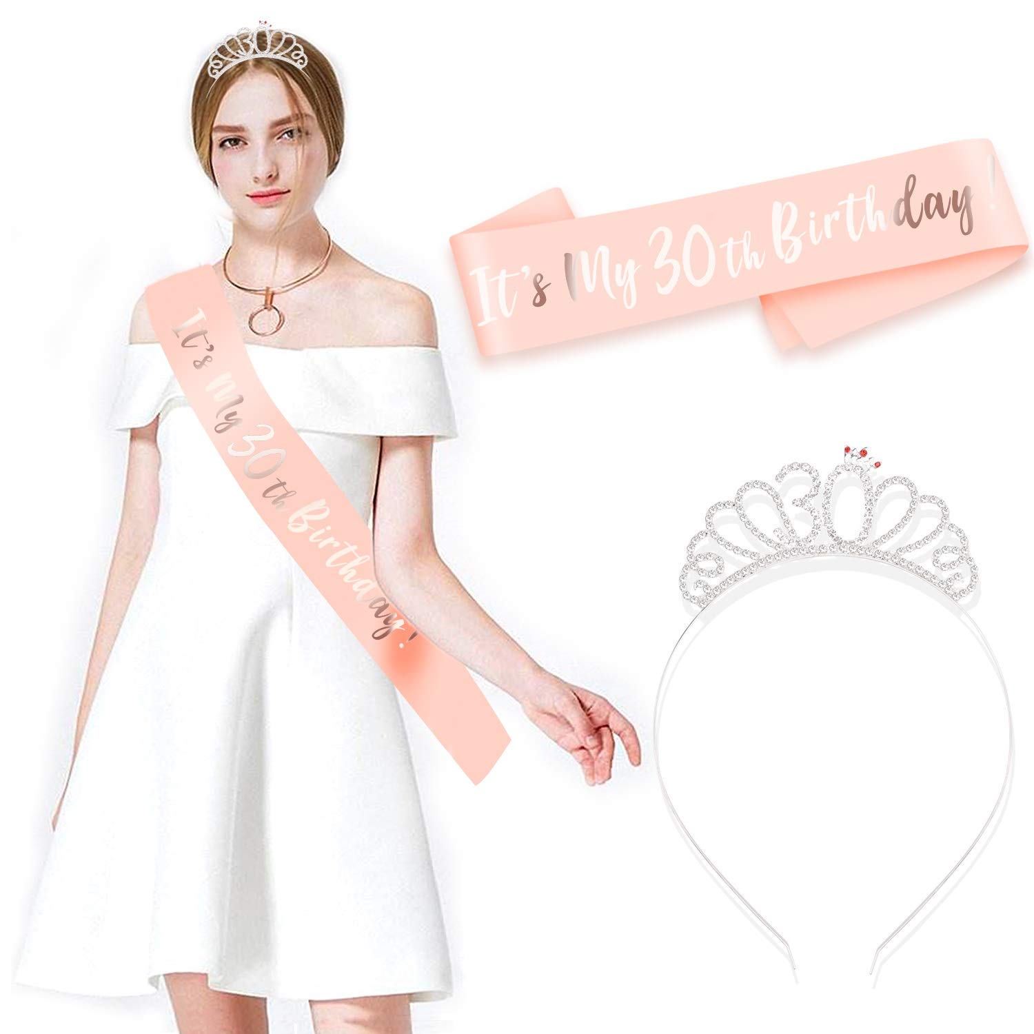 HOWAF Rose Gold It's My 30th Birthday Sash and 30 Birthday Tiara Rhinestone Crown Headband for 30th Birthday Decorations Women 30 Birthday Gift Party Accessories