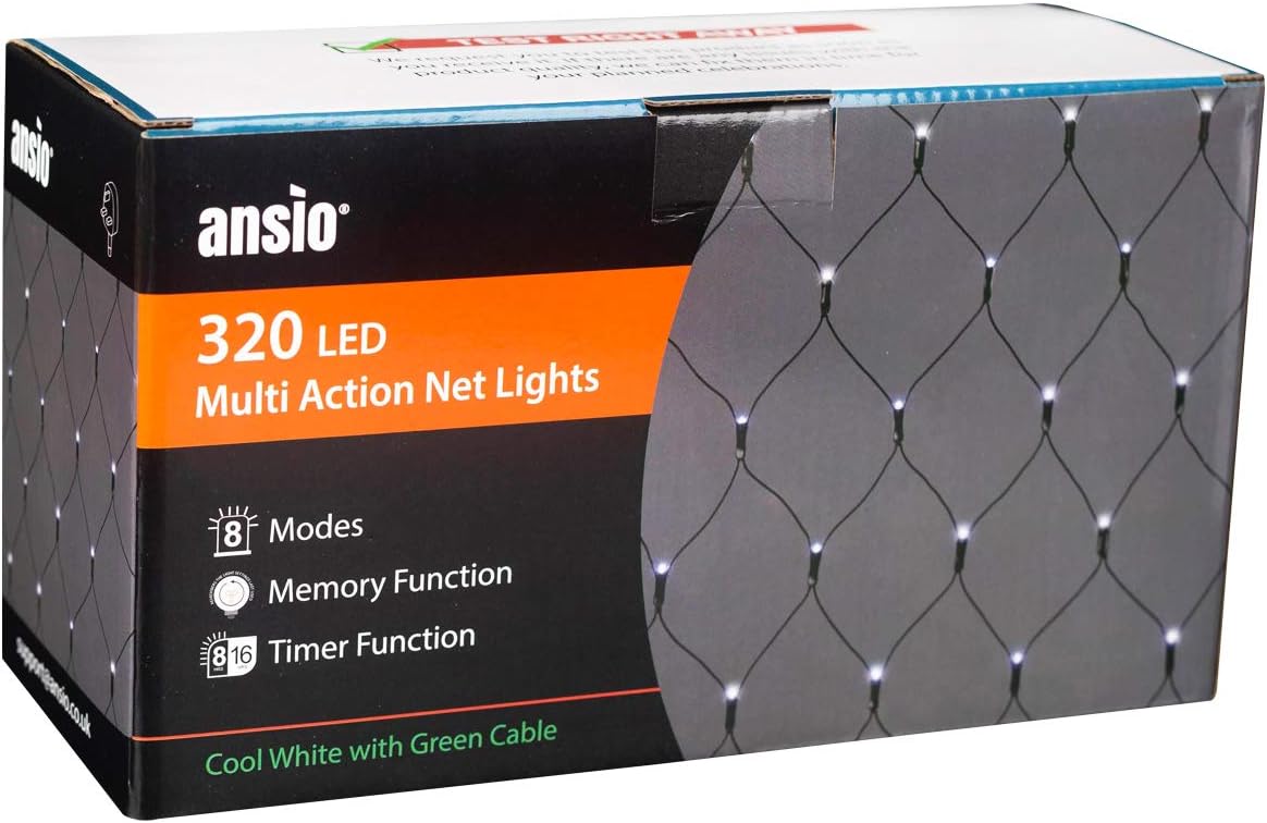ANSIO® Christmas Net Lights Outdoor, 320 LED 3x2m Cool White Fairy Lights with Timer