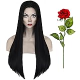 shecool Black Wig for Costume Wig with Red Rose
