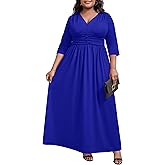 Runwind Plus Size Maxi Dress for Curvy Women - Casual Long 3/4 Sleeve Wedding Guest Dress with Pockets