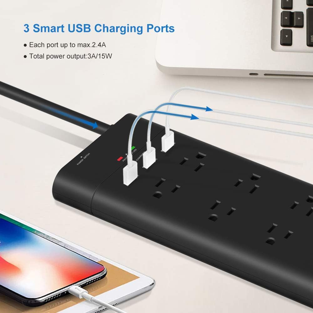 Power Strip VASTFAFA Surge Protector with 8 Outlets 3 USB Ports, 4.5ft Heavy Duty Extension Cord, FCC&ETL Listed, for Workbench, Home&Office, Black: Electronics