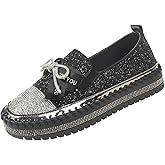 AMAZIDEAL Women's Rhinestones Glitter Bow Platform Loafers,Fashion Casual Slip-On Sequin Shiny Sneaker,Comfort Low Top Increase Height Walking Shoes
