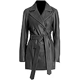 TipTop Collection Double Breasted Leather Coat For Women Genuine Leather Trench Coat Long Waist Belt Black and Brown