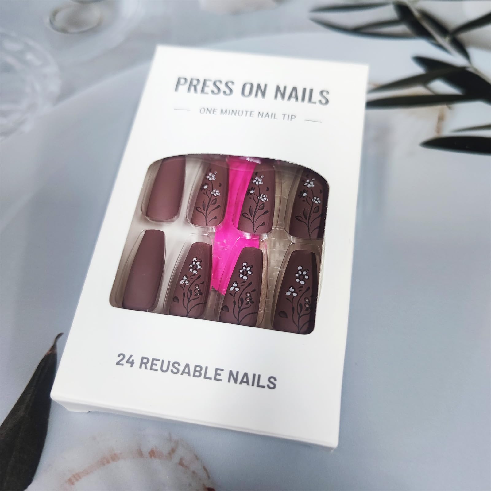 Brown Rose Press on Nails Medium Coffin Valentines Acrylic Fake Nails 24Pcs Glossy White Flower False Nails Leaves Stick on Nails Valentine's Day Gift Gel Glue on Nails for Women Girls - Image 5