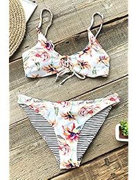 Bikini reversible con encaje para dama, diseño floral ya rayas