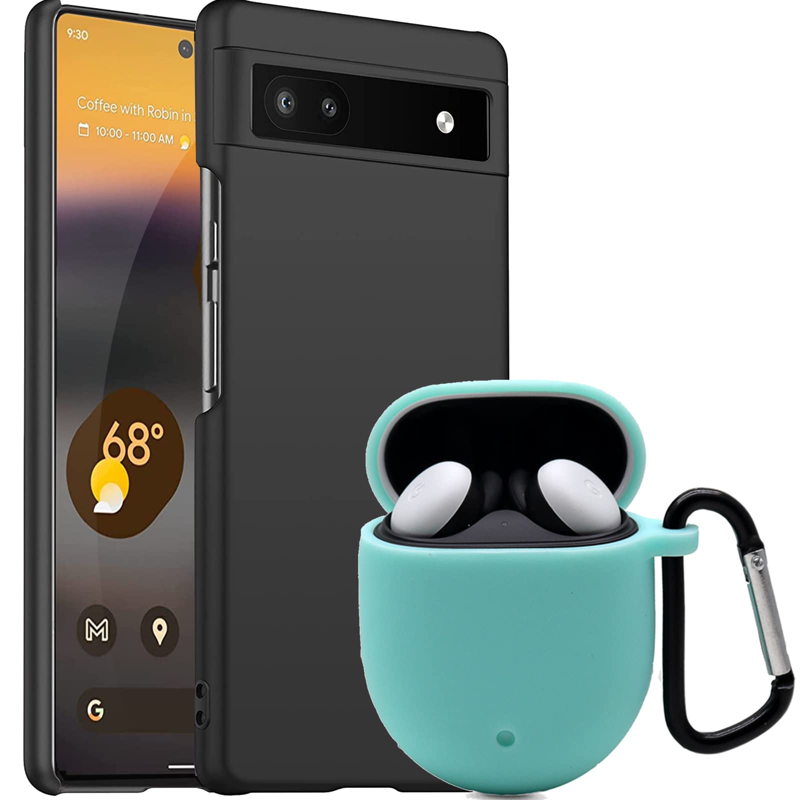 [1+1 Pack] Miimall Compatible with Google Pixel 6A Case + Google Pixel Buds A Case, PC Case Ultra-Thin Anti-drop Cover for Pixel 6A, Silicone Cover with Keychain Case for Pixel Buds A-Black+Mint Green