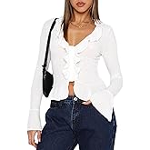 ABYOVRT Women Going Out Tops Ruffle Trim Button Front V Neck Flared Sleeve Shirt Y2k Crop Top