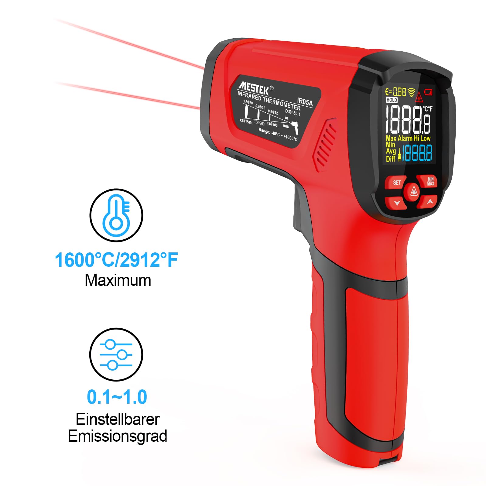 Infrarot Thermometer MESTEK Hochtemperatur Digital Laser Temperaturmessgerät -40°C bis 1600℃ mit K-Sonde IR Pyrometer Berührungslos LCD Alarm Einstellbarer Emissionsgrad für Kochen Industrial HVAC 3