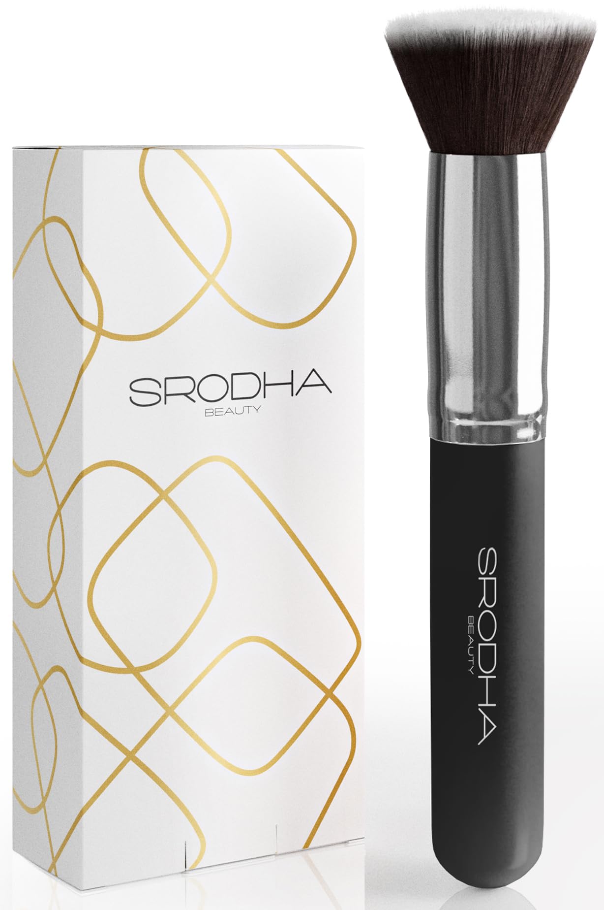 Flat Top Kabuki Foundation Brush By SRODHA Beauty | 3 Piece Kit | Makeup Brush For Face Liquid Foundation Cream and Powder | Perfect For Blending Face Brush | Premium Non Shedding Face Brushes - Black