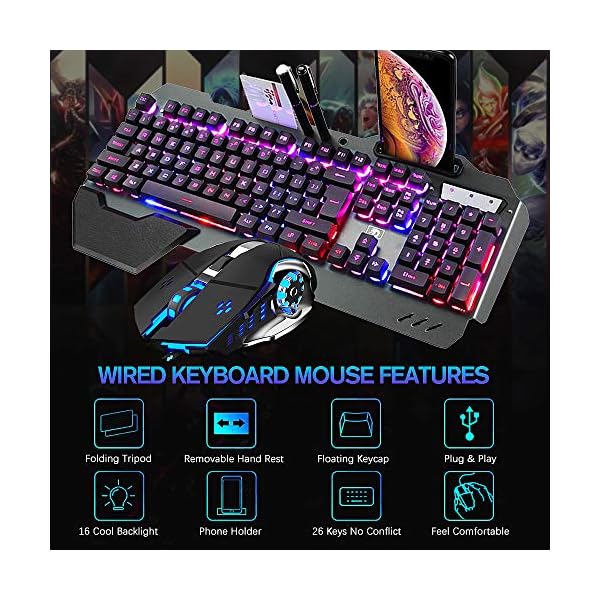 Gaming-Keyboard-and-Mouse-Combo-Gray-Alloy-Panel-Mechanical-feel-Wired-16-LED-RGB-Backlit-USB-Keyboard-with-Wrist-Rest-Phone-Holder-for-PC-Gamers-Xbox-PS4-3200DPI-LED-Breathing-Backlit-Mouse Wired Gaming Keyboard and Mouse Combo Set, Gray Alloy Panel, 16 LED RGB Backlit with Removable Wrist Rest, 26 Keys Anti…