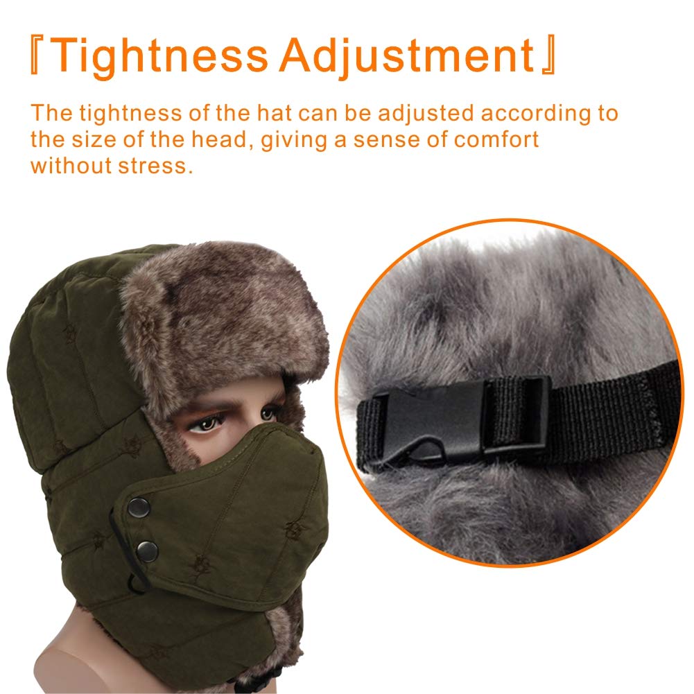 Winter Trapper Hat for Men Women Warm Ushanka Aviator Russian Windproof Hat with Mask,Army Green