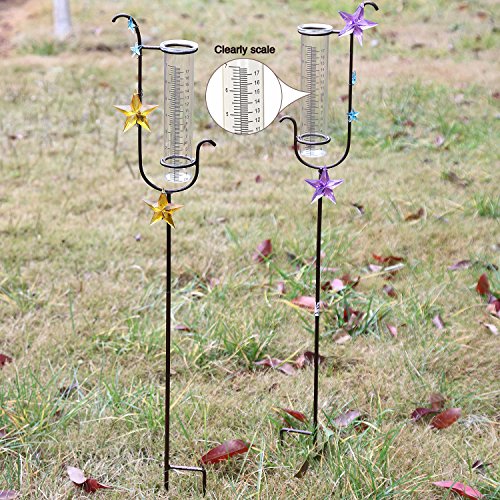 CEDAR HOME Rain Gauge Garden Stake Outdoor Wireless Glass Brass Metal Cute Professional Raingauge for Lawn Yard Patio Star Decpr 8oz. by, 6.5" W x 2.5" D x 36" H - Thumbnail 3
