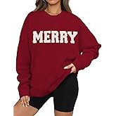 Arssm Women's Merry Christmas Sweatshirt Graphic Chenille Patch Letter Printed Crewneck Xmas Oversized Pullover Top
