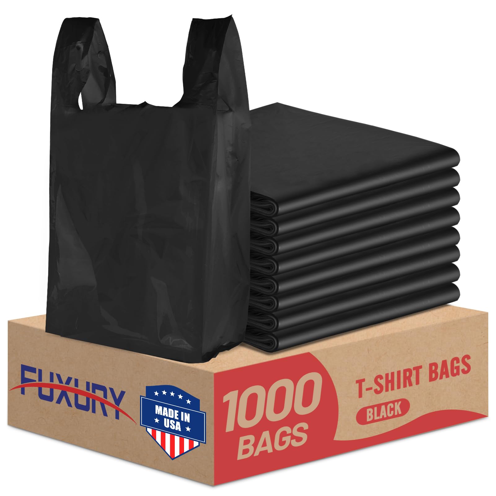 Photo 1 of Fuxury 1000 Count Black Plastic Grocery Bags 12" x 6.5" x 21", T-shirt, Trash, Take Out, Restaurants,To Go, Retail Shopping Bags in Bulk for Small Business (Made in USA)