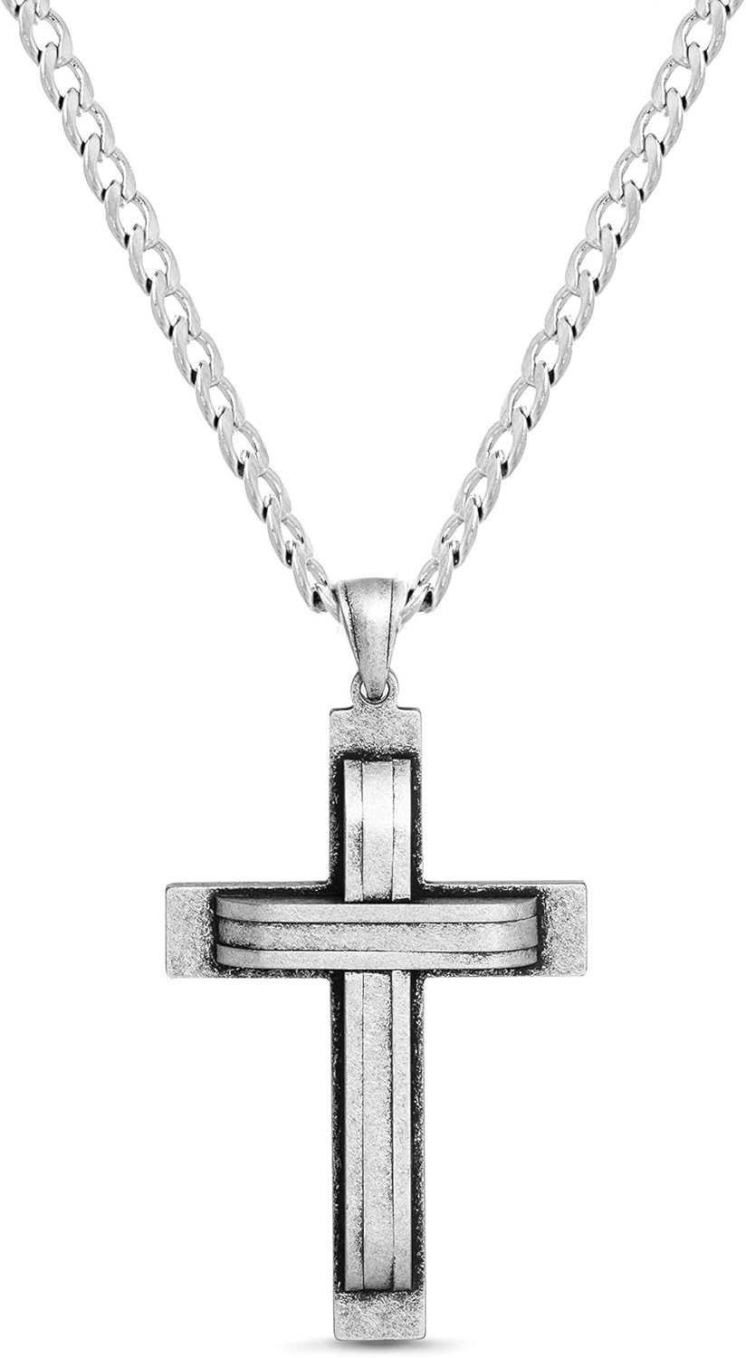 Steve Madden Oxidized Stainless Steel Cross Necklace for Men 24 Inch Curb Chain | 
