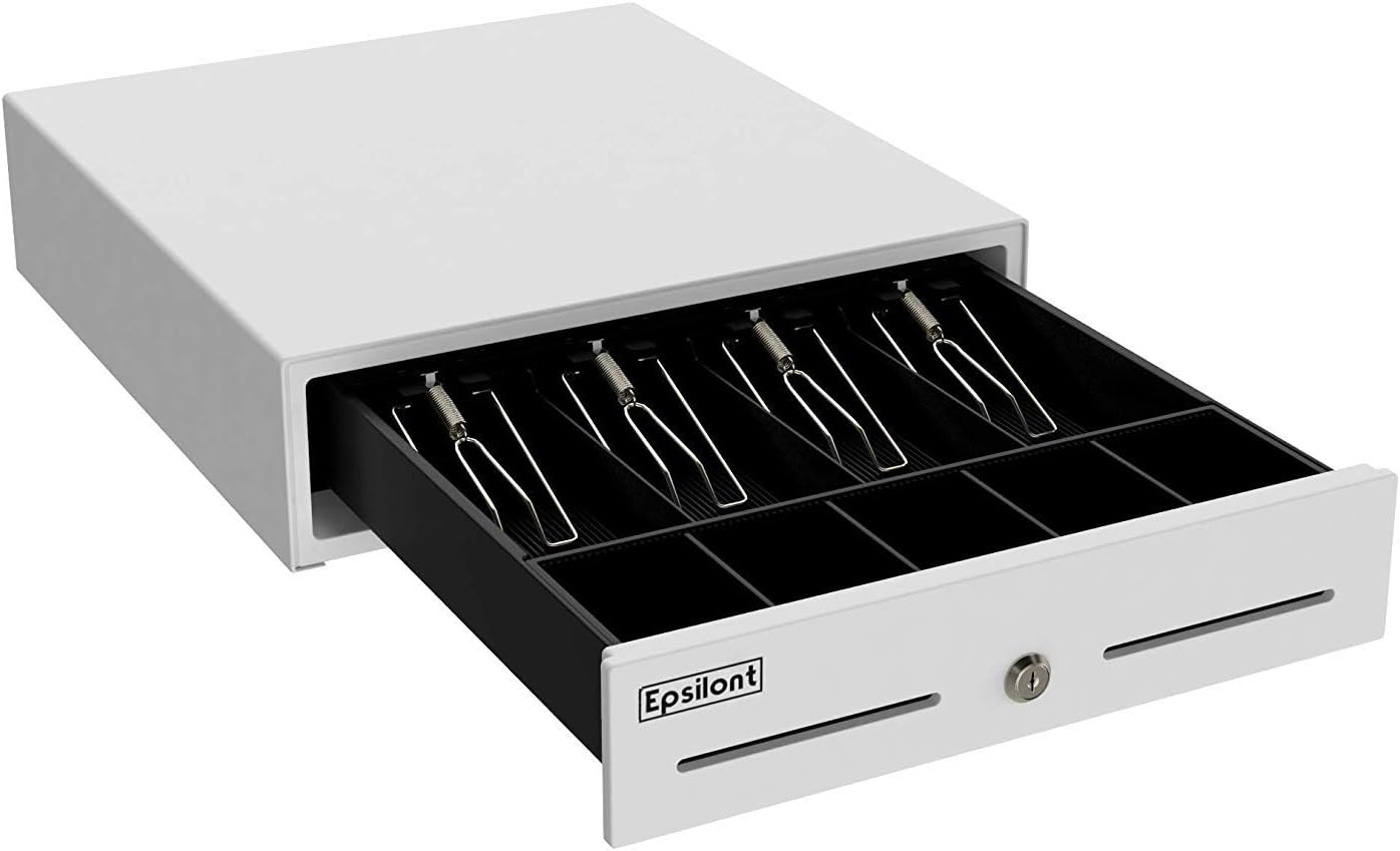 Manual Push Open Cash Drawer with Ringing Bell, 4 Bill Slots/5 Coin Trays 13" Inches Wide (White)