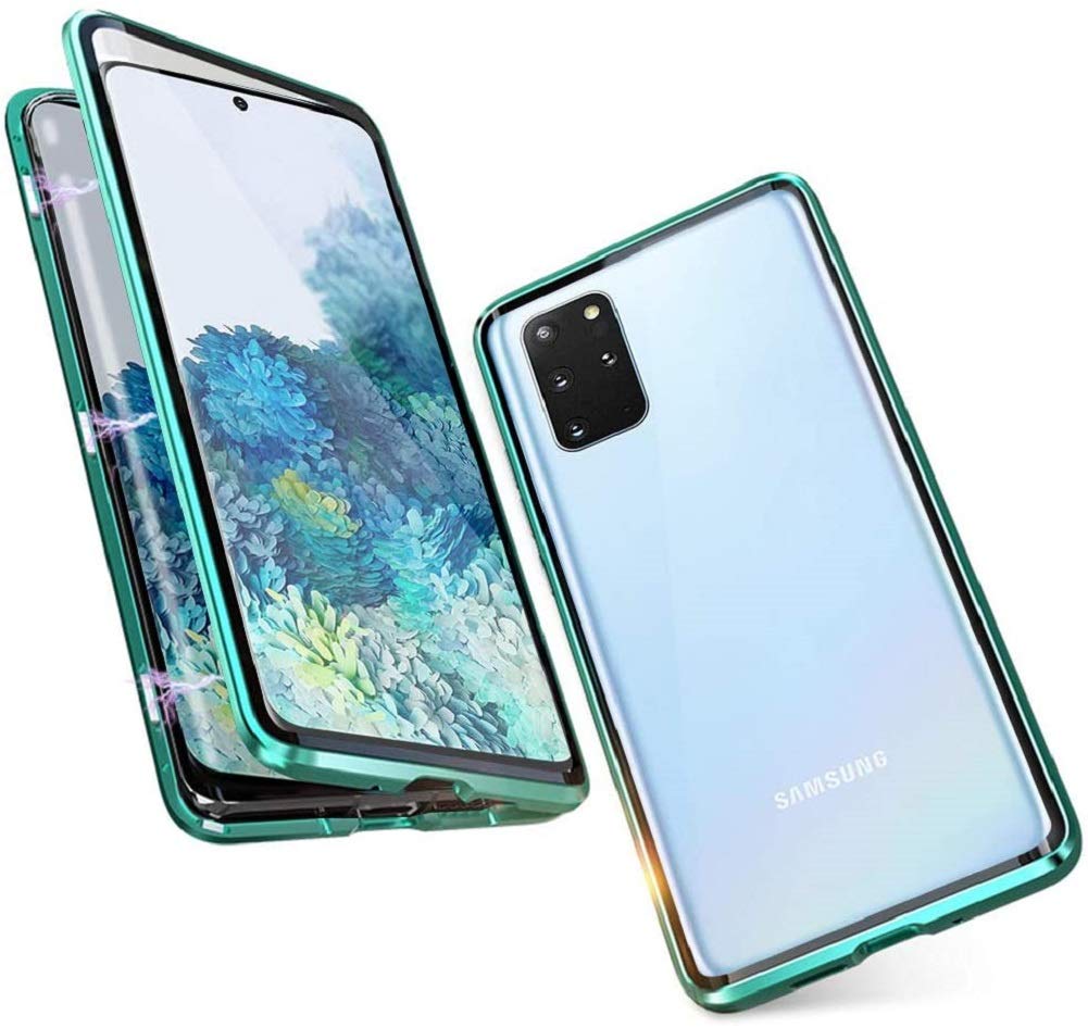 Case for Samsung Galaxy S20 Plus Cover Adsorption Magnetic Metal Bumper Frame with Transparent Tempered Glass Front and Back 360 Degrees Full Body Protection Case Shockproof Ultra Slim Cover,Green