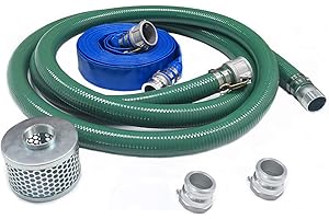 Eastrans Discharge Hose Pump Kit Includes 2" x 50' Blue PVC Backwash Hose & 2" x 20' Green PVC Suction Hose with Aluminum Camlock Fittings, Steel Round Hole Suction Strainer and Cam and Groove Adapter