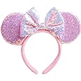 Unisex Mouse Ears Headbands With Bow & Snowflake & Sequins, for Cartoon Princess Costume Cosplay Decoration, Glitter Christmas Party for Girls & Women & Adult; FG1 (Soft Flannel Pink)