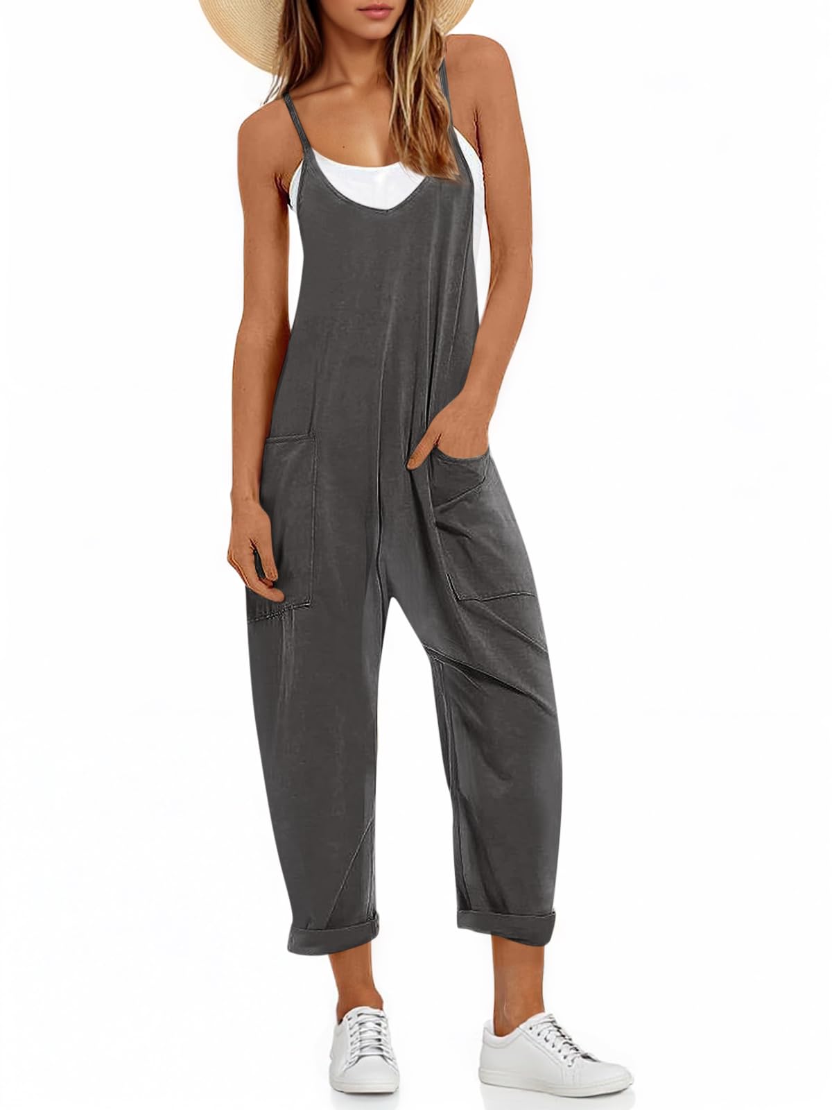 Photo 1 of Fisoew Women's Summer Sleeveless Loose Casual V Neck Jumpsuits Spaghetti Strap Long Pants Baggy Overalls with Pockets