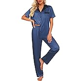 Ekouaer Satin Pajamas Set for Women Silk Button Down Sleepwear Short Sleeve Loungewear 2 Pieces Nightwear